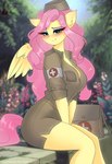 anthro big_breasts biped blush breasts clothed clothing eyelashes feathers female hair hat headgear headwear pink_hair pupils sitting smile solo wings yellow_body yellow_feathers xjenn9 friendship_is_magic hasbro my_little_pony mythology fluttershy_(mlp) equid equine mammal mythological_creature mythological_equine pegasus absurd_res hi_res