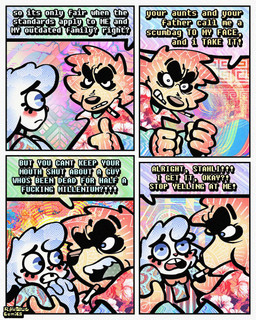 4_panel_comic aloha_shirt anthro cheek_spots cheek_tuft cigarette cigarette_in_mouth clothing dialogue duo ears_down facial_tuft half-closed_eyes male narrowed_eyes object_in_mouth pattern_clothing pattern_shirt pattern_topwear pivoted_ears shirt smoking_tobacco speech_bubble teeth text tooth_gap topwear tuft yelling rawdawgcomics bingus_(rawdawgcomics) stahli_(rawdawgcomics) bird_dog canid canine canis domestic_dog golden_retriever hunting_dog lagomorph leporid mammal rabbit retriever 4:5 comic english_text hi_res