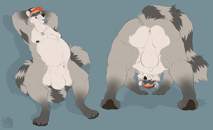 all_fours animal_genitalia anthro armpit_hair backsack balls belly body_hair butt countershade_balls countershade_butt countershade_crotch countershade_face countershade_genitalia countershade_torso countershading dog_tags facial_markings facial_scar fully_sheathed genitals hands_behind_head head_markings looking_at_viewer looking_back looking_back_at_viewer male male_anthro markings mask_(marking) mostly_nude mostly_nude_anthro mostly_nude_male nipples overweight overweight_anthro overweight_male perineum presenting presenting_hindquarters ring_(marking) ringed_tail scar sheath smile solo standing striped_markings striped_tail stripes tail tail_markings chubchow mammal procyonid raccoon 2018 absurd_res hi_res multiple_scenes