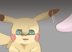 2019 disembodied_hand duo generation_1_pokemon get_it_go gradient_background grey_background motion_lines nintendo open_mouth pikachu pink_body pokemon pokemon_(species) red_cheeks simple_background solo_focus yellow_body