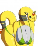 2016 ampharos anthro anthrofied bent_over big_breasts bikini black_body black_skin blonde_hair bra breasts cleavage clothed clothing evany_sparks fan_character female gem generation_2_pokemon green_eyes hair huge_breasts long_neck looking_at_viewer lunis1992 mature_anthro mature_female nintendo pokemon pokemon_(species) pokemorph raised_tail simple_background smile solo swimwear tail two-piece_swimsuit underwear white_background yellow_body yellow_skin