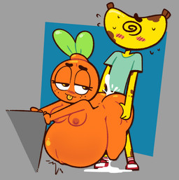 ambiguous_penetration areola belly big_belly big_butt biped blush blush_lines bodily_fluids bottomless bottomless_male breasts butt clothed clothing cum cum_inflation cum_inside duo eyebrows eyelashes featureless_feet feet female female_penetrated footwear freckles from_behind_position front_view genital_fluids geometric_background half-closed_eyes hand_on_butt huge_belly inflation leaf lifting looking_back male male/female male_penetrating male_penetrating_female narrowed_eyes nipples not_furry nude nude_female orange_body penetration plant raised_inner_eyebrows sex shirt shoes shortstack simple_background skinny spiral spiral_eyes standing sweat sweatdrop thick_thighs three-quarter_view tongue tongue_out topwear yellow_body yopy po_(gmaster36) tessa_(gmaster36) elemental_creature elemental_humanoid flora_fauna humanoid plant_humanoid 2025 digital_drawing_(artwork) digital_media_(artwork) hi_res