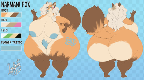 4_toes 5_fingers anthro areola arms_bent big_areola big_breasts big_butt black_eyebrows blue_areola blue_background blue_claws blue_eyelids blue_nipples blue_nose blue_pubes breasts brown_ears brown_tail_tip butt checkered checkered_background claws closed_smile color_swatch curvy_figure dipstick_tail eyebrows eyelashes feet female finger_claws fingers fluffy fluffy_tail fur green_eyes hair heterochromia huge_breasts huge_butt huge_thighs hyper hyper_butt hyper_thighs leg_tattoo lips long_hair markings mouth_closed multicolored_body multicolored_fur multicolored_hair navel nipples nude nude_female orange_body orange_fur orange_tail pattern_background pubes puffy_areola simple_background smile solo standing tail tail_markings tan_hair tan_inner_ear tattoo text thick_bottom_lip thick_thighs thigh_tattoo three-quarter_view toe_claws toes two_tone_hair two_tone_tail wavy_hair wide_hipped_anthro wide_hipped_female yellow_eyes lyratrchubby narmani_fox canid canine fox mammal 2024 artist_name character_name digital_drawing_(artwork) digital_media_(artwork) english_description english_text flat_colors hi_res model_sheet