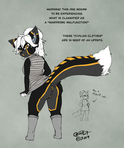 anthro black_body black_fur bottomless clothed clothing dress female footwear fur genitals hair legwear machine open_mouth shortstack shortstack_female socks solo text vulva wardrobe_malfunction white_hair yellow_eyes blokfort warning_(fluff-kevlar) android felid feline mammal robot 2019 english_text