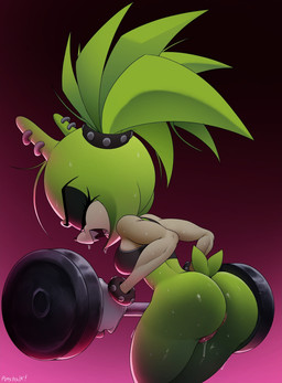 anthro anus athletic athletic_female bodily_fluids bottomless bottomless_female breasts bubble_butt butt clothed clothing dripping ear_piercing ear_ring exercise eyeshadow female genital_fluids genitals glistening glistening_butt gloves green_body green_hair hair handwear leaning leaning_forward makeup medium_breasts multicolored_body open_mouth panties piercing ring_piercing sharp_teeth short_tail simple_background solo sweat sweaty_butt sweaty_legs sweaty_thighs tail tan_body teeth two_tone_body underwear vaginal_fluid_drip vaginal_fluids vulva weightlifting workout p0stalk idw_publishing sega sonic_the_hedgehog_(comics) sonic_the_hedgehog_(idw) sonic_the_hedgehog_(series) surge_the_tenrec afrosoricid mammal tenrec 2026 hi_res