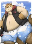 anthro belly brown_body bulge clothing cloud eyewear glasses kemono male moobs navel outside overweight overweight_male solo swimwear 96panda knavie_(k_navie) mammal mustelid otter 2021 absurd_res hi_res