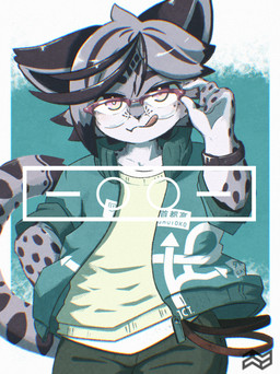 adjusting_glasses anthro biped black_ears black_highlights black_markings black_nose bottomwear clock clothed clothing countershade_arms countershade_fur countershade_hands countershade_neck countershade_torso countershading eyewear front_view fully_clothed fur glasses grey_body grey_fur grey_hair hair highlights_(coloring) jacket leopard_spots licking licking_lips logo male markings mle multicolored_eyes open_clothing open_jacket open_topwear pants pupils purple_eyes shirt smile solo spots standing text tongue tongue_out topwear two_tone_eyes watch white_body white_countershading white_pupils wristwatch yellow_eyes zipper_pull_tab nikomi1080 felid mammal pantherine snow_leopard 2020 absurd_res artist_logo colored hi_res japanese_description japanese_text shaded