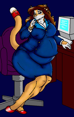 accessory anthro belly big_belly big_breasts blue_eyes bracelet breasts brown_hair business_suit chair clothing computer desk electronics female footwear fur furgonomics furniture hair jewelry multicolored_body multicolored_fur nipple_outline pregnant ring sitting solo suit table tail tail_accessory tail_jewelry tail_ring two_tone_body two_tone_fur danellz kathy_(danellz) felid lion mammal pantherine 2005 digital_media_(artwork)