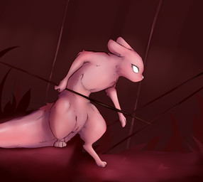 feet female feral fur genitals holding_melee_weapon holding_object holding_polearm holding_spear holding_weapon looking_aside looking_to_right melee_weapon polearm red_body red_fur semi-anthro solo spear toes vulva weapon white_eyes white_nose cdt2s rain_world videocult ragnarok_(cdt2s) slugcat