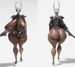 anthro areola armor big_breasts big_butt breasts brown_body butt female front_view glistening glowing glowing_eyes horn huge_breasts huge_butt looking_at_viewer melee_weapon nipples obese overweight rear_view simple_background solo sword thick_thighs vulva walking weapon lazyisopod hollow_knight team_cherry fan_character animal_humanoid arachnid arachnid_humanoid arthropod arthropod_humanoid humanoid insect insect_humanoid 3d_(artwork) 3d_animation animated digital_media_(artwork) hi_res loop sound