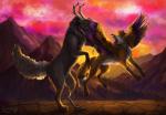 angry detailed_background duo feral fight horn mountain sunset fuzzymaro canid canine canis fox mammal wolf