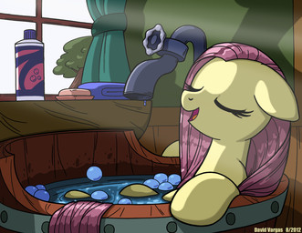 bath bubble detailed_background eyes_closed female feral floppy_ears fur hair light long_hair open_mouth partially_submerged pink_hair shampoo sitting solo tongue water wet window yellow_body yellow_fur latecustomer friendship_is_magic hasbro my_little_pony fluttershy_(mlp) equid equine horse mammal pony 2012