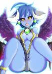 ahoge bare_shoulders black_sclera blue_body blue_hair blue_skin blush breasts clothing ear_piercing fangs feathered_wings feathers female hair horn humanoid_pointy_ears jewelry piercing pointy_ears short_hair side_boob simple_background sitting solo teeth underwear white_background wings yellow_eyes redrose214 shinrabanshou naiara demon humanoid winged_humanoid hi_res