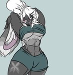 abs anthro black_body black_fur bodily_fluids breast_squish breasts cleavage clothed clothing female fur grey_body grey_fur hair inner_ear_fluff looking_at_viewer muscular muscular_female solo squish sweat thick_thighs tuft under_boob white_hair white_inner_ear_fluff spicy_flakes ashley_(huf13) domestic_rabbit lagomorph leporid lop_rabbit mammal oryctolagus rabbit absurd_res hi_res