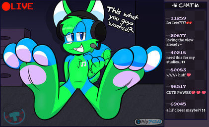 3_toes anthro blue_body blue_eyes blue_fur chat chat_box dialogue electronics feet foot_fetish foot_focus fur gesture green_body green_fur headgear headphones livestream looking_at_viewer male microphone musical_note musical_symbol narrowed_eyes nude pawpads paws sitting smile soles solo spots symbol text toes mintytempest jayjay_idingo canid canine canis dingo mammal english_text hi_res