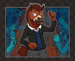 anthro cheering clothing facial_hair fist_pump gang group jacket leather leather_clothing leather_jacket leather_topwear male mustache topwear grumpyfart equid equine horse mammal animated