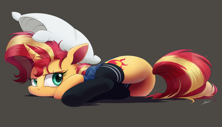 blue_eyes butt clothed clothed_feral clothing eyelashes featureless_crotch female feral grumpy hair horn legwear multicolored_hair multicolored_tail pillow simple_background solo tail two_tone_hair ncmares equestria_girls hasbro my_little_pony mythology sunset_shimmer_(eg) equid equine mammal mythological_creature mythological_equine unicorn 2018 digital_media_(artwork) hi_res