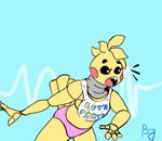 anthro bib clothing emanata feathers female hair head_tuft machine metal open_mouth pink_clothing pink_eyes pink_undergarments pink_underwear simple_background solo surprise tuft underwear yellow_body yellow_feathers blacklistdragon five_nights_at_freddy's five_nights_at_freddy's_2 scottgames toy_chica_(fnaf) animatronic avian bird chicken galliform gallus_(genus) phasianid robot low_res