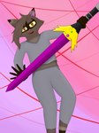 anthro brown_body brown_fur fur male melee_weapon solo sword weapon yellow_eyes miles_rosebh mammal procyonid raccoon absurd_res hi_res