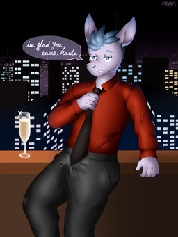 anthro blue_eyes bottomwear bulge city city_background clothed clothing clothing_pull container cup drinking_glass glass glass_container glass_cup hair male necktie open_mouth pants purple_body shirt smile solo suit text topwear wine_glass azusagp aggretsuko sanrio tadano_(aggretsuko) asinus donkey equid equine mammal 2025 3:4 absurd_res digital_media_(artwork) hi_res