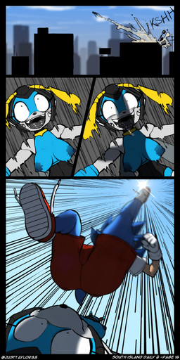 antennae_(anatomy) anthro areola blotchy_areola bottomwear city clothing crossgender duo fangs female footwear gloves handwear machine motion_blur mtf_crossgender nipples outside shirt shoes shorts smile sneakers teeth tongue tongue_out topwear wings justtaylor sega sonic_the_hedgehog_(series) lilith_(blitscreet) sonic_the_hedgehog badnik buzzbomber eulipotyphlan hedgehog mammal robot robot_anthro 1:2 absurd_res comic hi_res