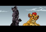 anthro black_bars blush butt duo fur genitals grey_body grey_fur looking_back male male/male muscular nipples nude pecs penis presenting red_body red_fur seductive smile standing tail young kumbartha disney the_lion_guard the_lion_king janja_(the_lion_guard) kion_(the_lion_guard) felid hyena lion mammal pantherine letterbox