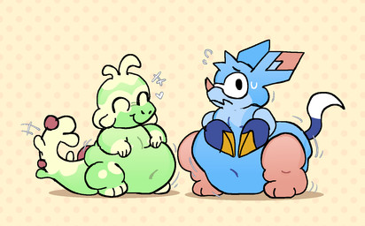 ambiguous_gender belly big_belly blue_body blue_fur bodily_fluids claws dipstick_tail duo eyes_closed feral flying_sweatdrops fur green_body happy heart_symbol hearts_around_head looking_at_viewer love_handles markings motion_lines multicolored_body navel overweight overweight_ambiguous overweight_feral pattern_background shy simple_background smile sweat sweatdrop tail tail_markings tan_body thick_thighs two_tone_body wide_hips pawplants beastieball beastie_(species) bildit sprecko 2024 digital_media_(artwork) hi_res