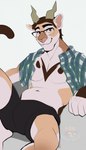 :3 anthro black_boxers black_clothing black_underwear boxers_(clothing) brown_eyes bulge clothed clothing eyewear glasses horn looking_at_viewer male male_anthro navel open_clothing open_shirt open_topwear pecs pink_nose shirt smile solo spread_legs spreading tail topwear underwear ferwanwan javier_(scraphead) cougar felid feline mammal 2022 flat_colors hi_res watermark