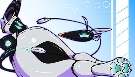 4_eyes andromorph anthro anus big_butt butt caution_stripes finger_gun floating_fingers floating_hands genitals gesture glistening glistening_body glowing glowing_eyes gradient_background hand_gesture intersex lying multi_eye nude on_side paws rear_view simple_background solo visor vulva justasleepysnep a.z.z.i absurd_res hi_res wallpaper