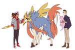 ambiguous_gender boots claws clothed clothing crowned_sword_zacian drawfee drawfee_(copyright) eyewear feral footwear fully_clothed generation_1_pokemon generation_7_pokemon generation_8_pokemon glasses group hoodie hot_guy_p.i. human jacket karina_farek legendary_pokemon litten male mammal melee_weapon nando_(hot_guy_p.i.) nintendo pokemon pokemon_(species) question_mark schmidt_(hot_guy_p.i.) shoes slowpoke smile sneakers speech_bubble sword toe_claws topwear weapon wings zacian