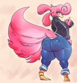 anthro big_butt butt cigarette feathers female hand_on_hip looking_at_viewer looking_back looking_back_at_viewer pink_body pink_feathers solo thick_thighs kiseff avian bird hi_res