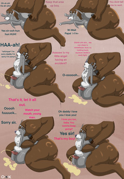 abdominal_bulge age_difference anal anal_penetration animal_genitalia animal_penis belly big_butt bodily_fluids butt canine_genitalia canine_penis cigar daddy_kink dialogue dominant dominant_male duo erection genital_fluids genitals hair holding_another incontinence male male/male mature_male moan navel older_male overweight overweight_male peeing peeing_while_penetrated penetration penis profanity pulling_hair rough_sex sex text touching_hair urine urine_pool oddkangal king_(oddkangal) michael_(oddkangal) bear brown_bear grizzly_bear mammal ursine vizsla english_text hi_res