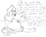 abdominal_bulge anthro clothed clothing dialogue male male_pred solo text vore taniciusthefox no_evil amaroq canid canine canis mammal wolf english_text monochrome