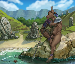 4_toes 5_fingers anthro armband balls beach brown_body brown_fur casual_nudity day feet fingers flaccid forest fur genitals glans humanoid_genitalia humanoid_penis jewelry jungle looking_away male melee_weapon musclegut muscular muscular_male nude_male outside penis plant polearm pubes realistic_penis_size shoulder_guards sitting solo spear stone_statue toes tree tribal tribal_clothing tribal_jewelry water weapon carduelis menzy aquatic asterozoan bat echinoderm mammal starfish hi_res