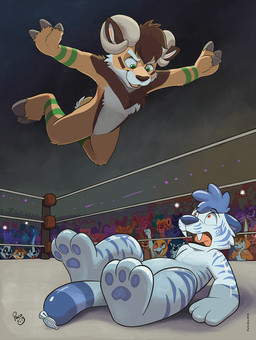anthro blue_hair blue_pawpads brown_hair brown_markings brown_nose duo_focus fur green_eyes green_markings grey_horn group hair horn inflatable inside jumping logo lying male male_anthro markings messy_hair nude on_back open_mouth orange_body orange_fur pawpads red_eyes short_hair striped_arms striped_body striped_fur striped_legs stripes white_body white_fur wrestling young young_anthro young_male pandapaco parinton roni_(imroni) ailurid animate_inanimate bear border_collie bovid canid canine canis caprine collie domestic_dog elephant elephantid felid giant_panda giraffe giraffid herding_dog lagomorph leporid living_inflatable mammal pantherine pastoral_dog proboscidean rabbit red_panda sheep sheepdog species_request tiger artist_logo hi_res signature
