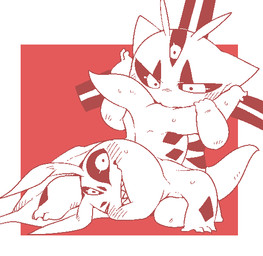 3_eyes antennae_(anatomy) anthro ass_up black_sclera blush butt duo fangs handstand kiss_on_butt kissing kneeling leg_grab looking_at_another male male/male multi_eye raised_tail red_background shota simple_background tail teeth upside_down young young_anthro doneru a_(doneru) t_(doneru) alien monochrome red_and_white
