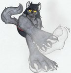 5_toes anthro barefoot black_bottomwear black_clothing black_hair black_shorts bottomwear claws clothing countershade_feet countershading feet fluffy fluffy_tail foot_fetish foot_focus fur grey_body grey_fur hair humanoid_feet long_hair looking_at_viewer male plantigrade pointy_ears prick_ears red_eyes shorts soles solo tail toe_claws toes white_claws white_soles yellow_sclera skonczonyidiota domestic_cat felid feline felis mammal 2023 hi_res traditional_media_(artwork)