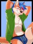 anthro blue_hair briefs bulge chest_tuft clothed clothing hair male open_clothing open_shirt open_topwear purple_eyes raised_arms shirt short_hair smile smirk solo tail topwear tuft underwear netiscraft canid canine canis mammal wolf 3:4 hi_res