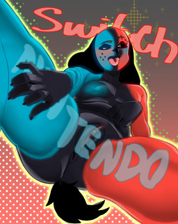 anthro anus areola black_body black_ears black_fur black_sclera black_tail blue_areola blue_body blue_fur blue_nipples breasts butt butt_from_the_front eyelashes female floppy_ears front_view fur genitals gradient_background grey_background grey_body grey_eyes grey_fur looking_at_viewer lop_ears low-angle_view nipples nude open_mouth pink_background pink_tongue pink_vulva red_body red_fur simple_background small_breasts solo tail text thick_thighs tongue vulva wide_hips gibeechee nintendo nintendo_switch switch_dog canid canine canis domestic_dog mammal absurd_res hi_res