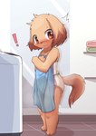 anthro blue_clothing blue_dress blush bodily_fluids brown_eyes camisole cat_ear_panties clothed clothing colored_edge_camisole colored_edge_panties colored_edge_underwear dress embarrassed female genital_fluids green_towel holding_clothing holding_object laundry loli panties pee_on_clothes peeing pink_towel solo spaghetti_strap towel underwear underwear_only urine white_camisole white_clothing white_panties white_underwear white_walls young young_anthro mei_(artist) canid canine canis domestic_dog mammal absurd_res hi_res