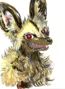 ambiguous_form ambiguous_gender black_nose brown_body brown_fur fangs fur inner_ear_fluff looking_at_viewer open_mouth red_eyes sharp_teeth simple_background smile solo teeth tongue tuft white_background yellow_body yellow_fur kyokyota african_wild_dog canid canine mammal 2017 absurd_res bust_portrait hi_res painting_(artwork) portrait traditional_media_(artwork) watercolor_(artwork)