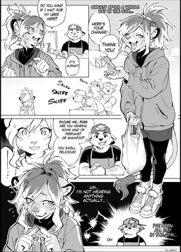 accessory anthro apron athletic_wear backwards_baseball_cap backwards_hat baseball_cap cashier clothed clothed_anthro clothed_male clothing crossdressing crossdressing_male dialogue duo embarrassed embarrassed_expression english_honorific femboy footwear freckles fur hair hair_accessory hat headgear headwear hoodie leggings legwear long_hair male male_anthro money question_mark shoes shopping_bag sneakers sniffing socks sound_effects speech_bubble sweater text topwear turtleneck koiyaroid uber femboy_lion_(koiyaroid) canid felid lion mammal pantherine 2026 comic digital_media_(artwork) english_text hi_res monochrome right_to_left signature
