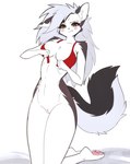 4_fingers anthro biped bite biting_lip black_nose bra breasts clothing collarbone embarrassed female fingers fluffy fluffy_tail fur genitals grey_body grey_fur grey_hair hair hand_on_breast humanoid_genitalia humanoid_pussy kneeling looking_at_viewer multicolored_body multicolored_fur navel nude nude_anthro nude_female pawpads paws pink_pawpads pussy red_bra red_clothing red_sclera red_underwear solo tail teeth two_tone_body two_tone_fur underwear white_body white_fur sleepyhelen helluva_boss mythology loona_(helluva_boss) canid canid_demon canine demon hellhound mammal mythological_canine mythological_creature hi_res