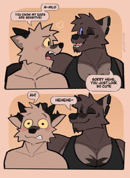 annoying anthro blue_sclera blush blush_lines brown_body clothing complaining dialogue duo ear_petting ear_piercing eyes_closed grimace laugh male muscular name_in_dialogue one_eye_closed pecs piercing pivoted_ears shirt side_hug smile speech_bubble tank_top text topwear wide_eyed wink yellow_sclera rygel_spkb milo_(rygel_spkb) yoby_(rygel_spkb) canid canine canis mammal wolf artist_name comic english_text hi_res