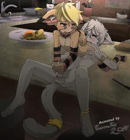69_position anal animal_genitalia anthro arm_warmers armwear balls barefoot blonde_hair blush bodily_fluids butt clothing collar duo erection feet femboy footwear fur genital_fluids genitals gloves hair hand_on_butt handjob handwear inside kitchen legwear looking_back looking_down looking_up lying male male/male male_on_bottom male_on_top male_penetrated male_penetrating male_penetrating_male narrowed_eyes nude on_back on_bottom on_top one_eye_closed open_mouth oral penetration penile penis precum rimming sex sheath spread_legs spreading squint stockings thigh_highs tongue vein veiny_penis young ketzio palmarianfire alexis_(hacken) lio_mynx domestic_cat felid feline felis hybrid lagomorph leporid mammal rabbit 2014 animated animated_webp loop no_sound
