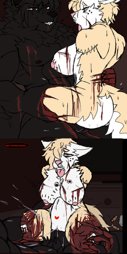abdominal_bulge abs amputee anthro anthro_on_anthro anthro_penetrated anthro_penetrating anthro_penetrating_anthro big_breasts big_penis bite_mark bite_mark_on_breast black_body black_fur black_hair black_penis blood blood_from_wound bodily_fluids breasts cigarette cigarette_burn detailed_background dialogue disability dismemberment duo ejaculation electronics erection eye_through_hair eyebrow_through_hair eyebrows female female_anthro female_penetrated forced foreskin fur genital_fluids genitals gore hair humanoid_genitalia humanoid_penis looking_pleasured male male/female male_anthro male_penetrating male_penetrating_female masochism missing_arm missing_leg muscular muscular_male mutilation nipples nude nude_anthro nude_female nude_male orange_eyes penetration penile penile_penetration penis penis_in_vagina pink_nipples pink_vulva pubes quadruple_amputee rape red_eyes sadism sex speech_bubble tail tan_body tan_fur tan_hair teeth television text tongue tongue_out translucent translucent_hair vaginal vaginal_fluids vaginal_penetration vaginal_squirting vulva white_body white_fur womb_tattoo wounded butcher_pal adam_manchester canid canine canis hybrid mammal procyonid raccoon wolf 2026 absurd_res colored comic digital_drawing_(artwork) digital_media_(artwork) english_text hi_res