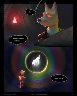 anthro black_border black_clothing black_shirt black_topwear border cave clothing dialogue horn looking_back looking_up male orange_eyes orange_teeth pinata rainbow sharp_teeth shirt solo sparkles speech_bubble spikes spikes_(anatomy) string teeth text topwear torn_clothing worried sharkinthepark mythology rowel_(sharkinthepark) canid canine equid equine fox mammal mythological_creature mythological_equine unicorn 2025 4:5 absurd_res english_text hi_res