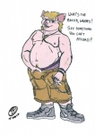 anthro boxers_(clothing) bulge clothed clothing dialogue footwear front_view hairy khakis low-riding male moobs naughty_face navel nipples obese obese_anthro obese_male overweight overweight_anthro overweight_male pubes shoes simple_background sneakers solo standing talking_to_viewer text topless underwear white_background beachfox domestic_pig mammal suid suine sus_(pig) english_text full-length_portrait portrait signature sketch