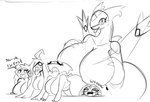 anthro big_breasts black_text breasts butt claws dialogue eyes_closed female generation_3_pokemon generation_4_pokemon generation_6_pokemon gourgeist group hair hair_hand hair_over_eye harriett_(latiar) harry_(latiar) heart_symbol larger_female latiar latias legendary_pokemon male monochrome nintendo one_eye_obstructed one_eye_visible open_mouth pokemon pokemon_(species) shaymin silly_face size_difference sketch teeth text tongue uxie