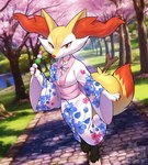 anthro asian_clothing cherry_blossom cherry_blossom_tree cherry_tree clothing dango_(food) east_asian_clothing female flower fruit_tree japanese_clothing kimono pink_clothing plant prunus_(flower) solo tree purrynx queenpurr nintendo pokemon braixen generation_6_pokemon pokemon_(species)